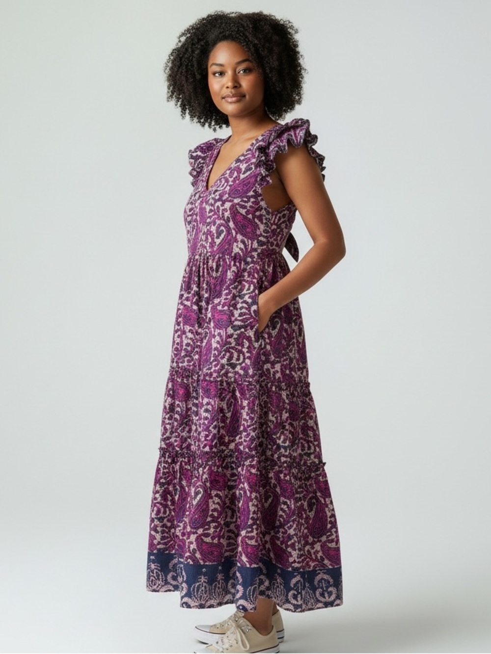 House of Harlow 1960 maxi dress Pink
& Blue Tiered Ruffle Cap Sleeves Pockets XL